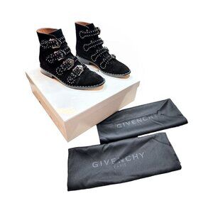 GIVENCHY Boots Elegant Black Silver Studded Suede Buckle Detail Flat Ankle Boots